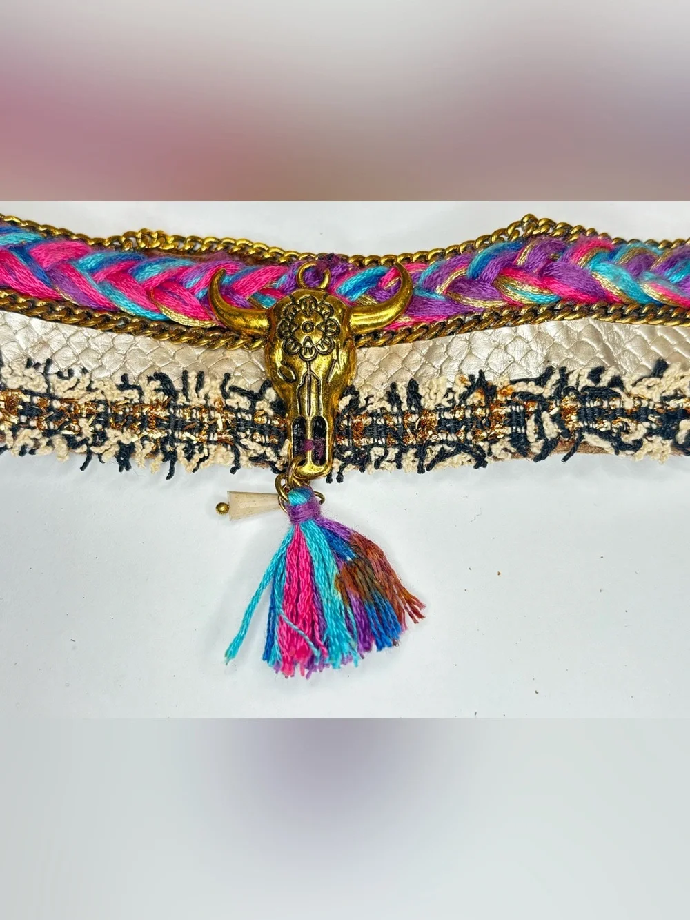 Laura Janelle Pleather Pink Gold Bull Western Sohthwestern Rodeo Glam Bracelet